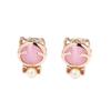 Cute and versatile cartoon gold-plated cat stud earrings artificial cat's eye stone powder white two-color ear clip no ear piercing earrings for women