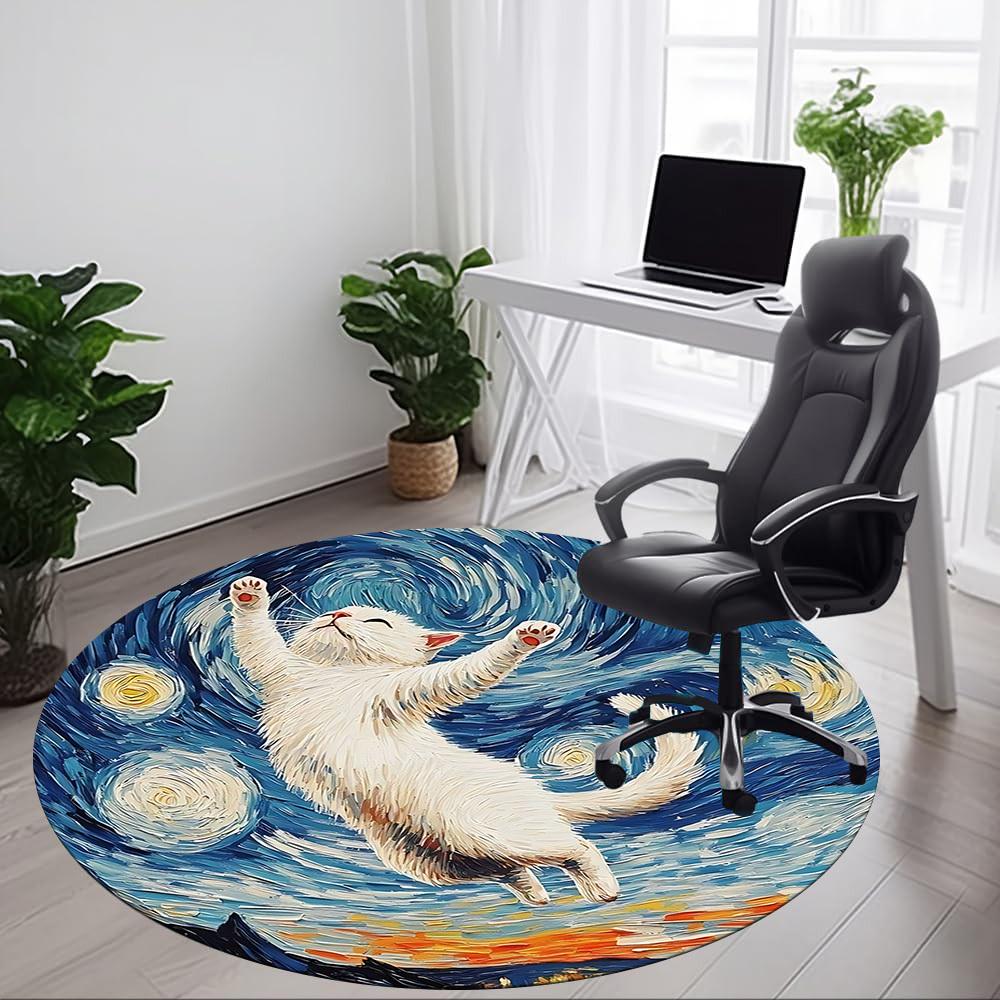 1pc Cat Night Sky Office Round Area Rug, Under Office Chairs Bedroom Living Room Home Decor, Room Deco, Available in Various Sizes
