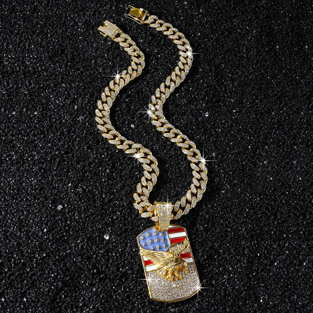 Iced Out American Flag Eagle Charm Pendant Necklace Crystal Cuban Chain Ideal Gift for Culture Lovers