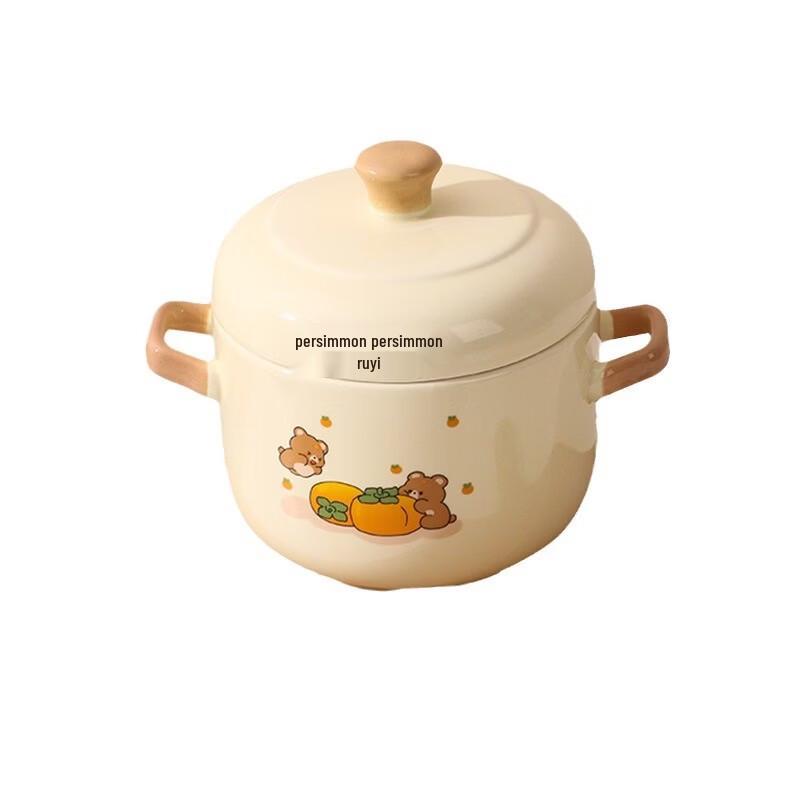 OIMG Ceramic Mini Stew Pots with Ruyi & Apple Bear Designs (2-Pack)