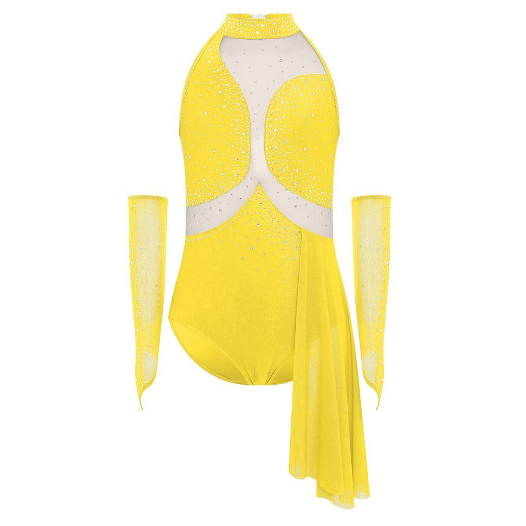 Костюм для фигурного катания для девочек с вырезом на спине, сверкающими стразами и асимметричной юбкой из прозрачной сетки