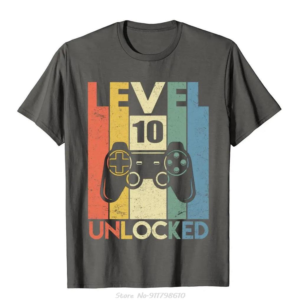 Level 10 Unlocked T-Shirt Funny Video Gamer 10th Birthday Gift Sweatshirt Tops Tees Cotton Men T Shirt Funny Casual Tshirt