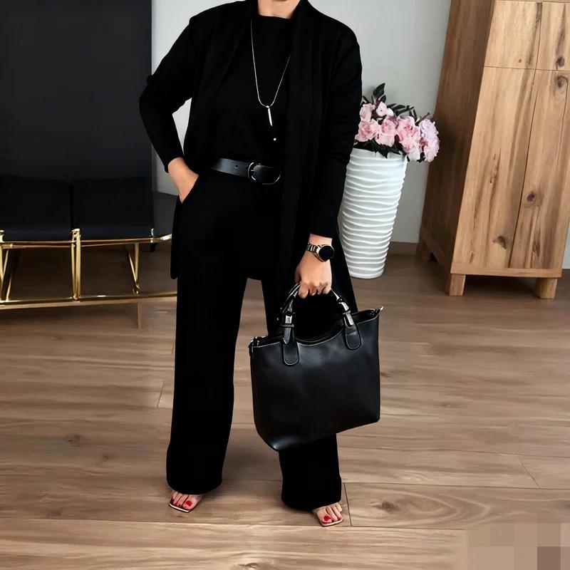 Бежевый комплект из 3 предметов: топ с длинным рукавом свободного кроя и брюки