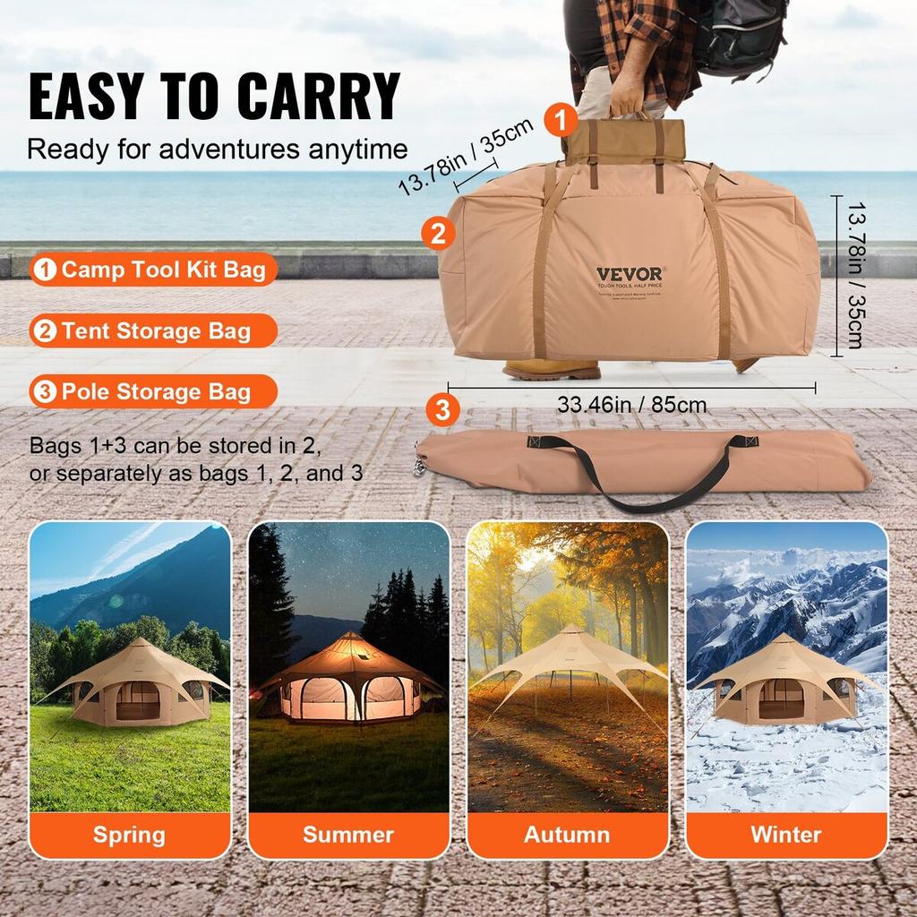 Canvas Tent, 4 Seasons 5 m/16.4 ft Bell Tent, Canvas Tent for Camping with Stove Jack, Breathable Yurt Tent for up to 8 People, Family Camping Outdoor