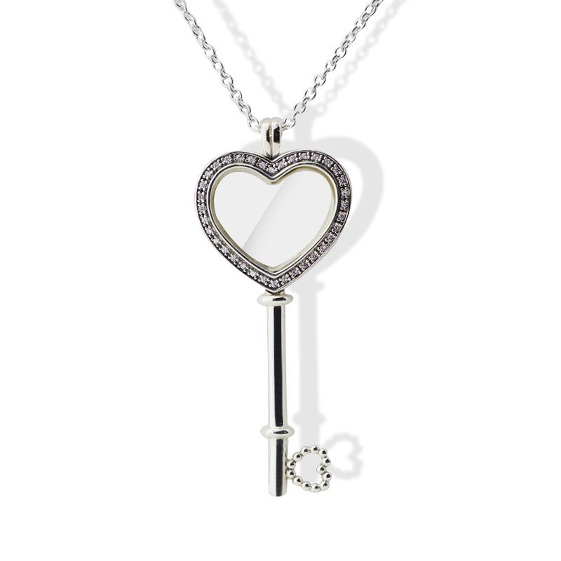 Genuine 925 Sterling Silver Jewelry Moment Necklace Large Floating Locket Key Charm Pendant Necklaces for Women Collier