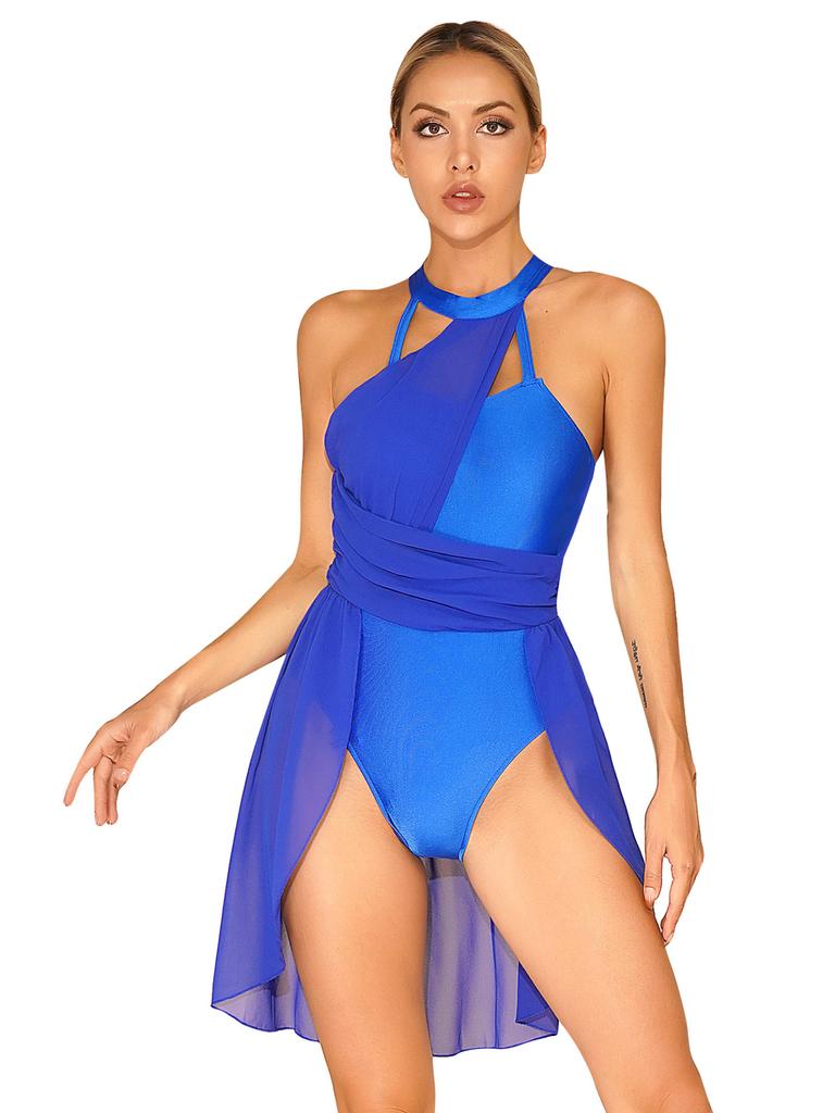 Женский шифоновый танцевальный костюм для гимнастики, лирическое танцевальное платье, современный костюм, шифоновая танцевальная одежда с лямкой на шее