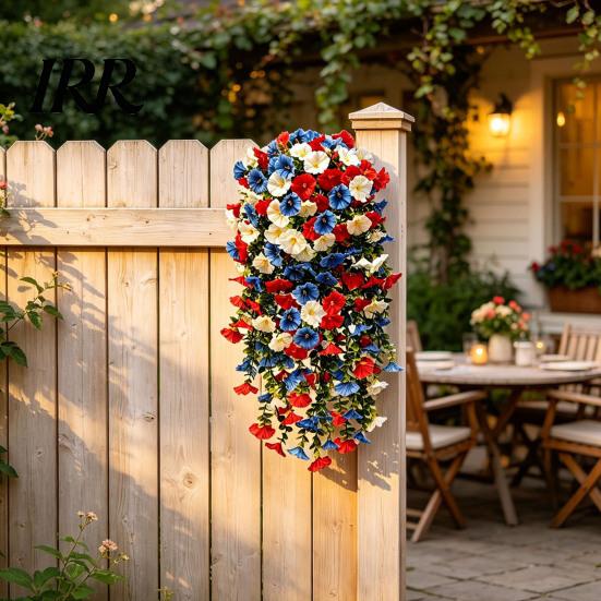 Weatherproof Artificial Flowers Patriotic Red White Blue Hanging Morning Glory Flower Vine UV Resistant Fake Plants for 4th of July Memorial