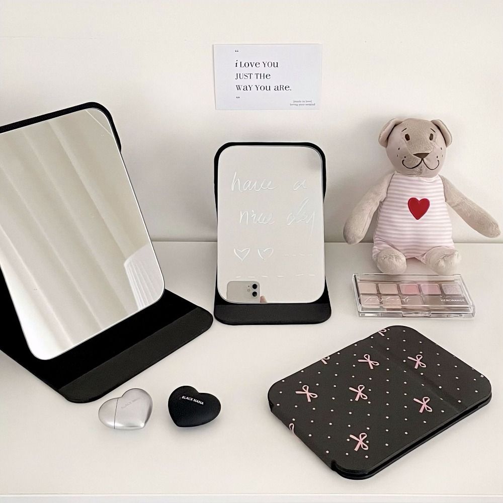 Pu Leather Fold Makeup Mirror Pink Bow Pocket Make-up Mirror Beauty Desktop Stand Mirror Dormitory