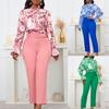 Women's 2 Piece Set Vintage Fashion Print Long Sleeve Shirt+Pants 2 Piece Office Set Casual Elegant Women's 2 Piece Set with Belt