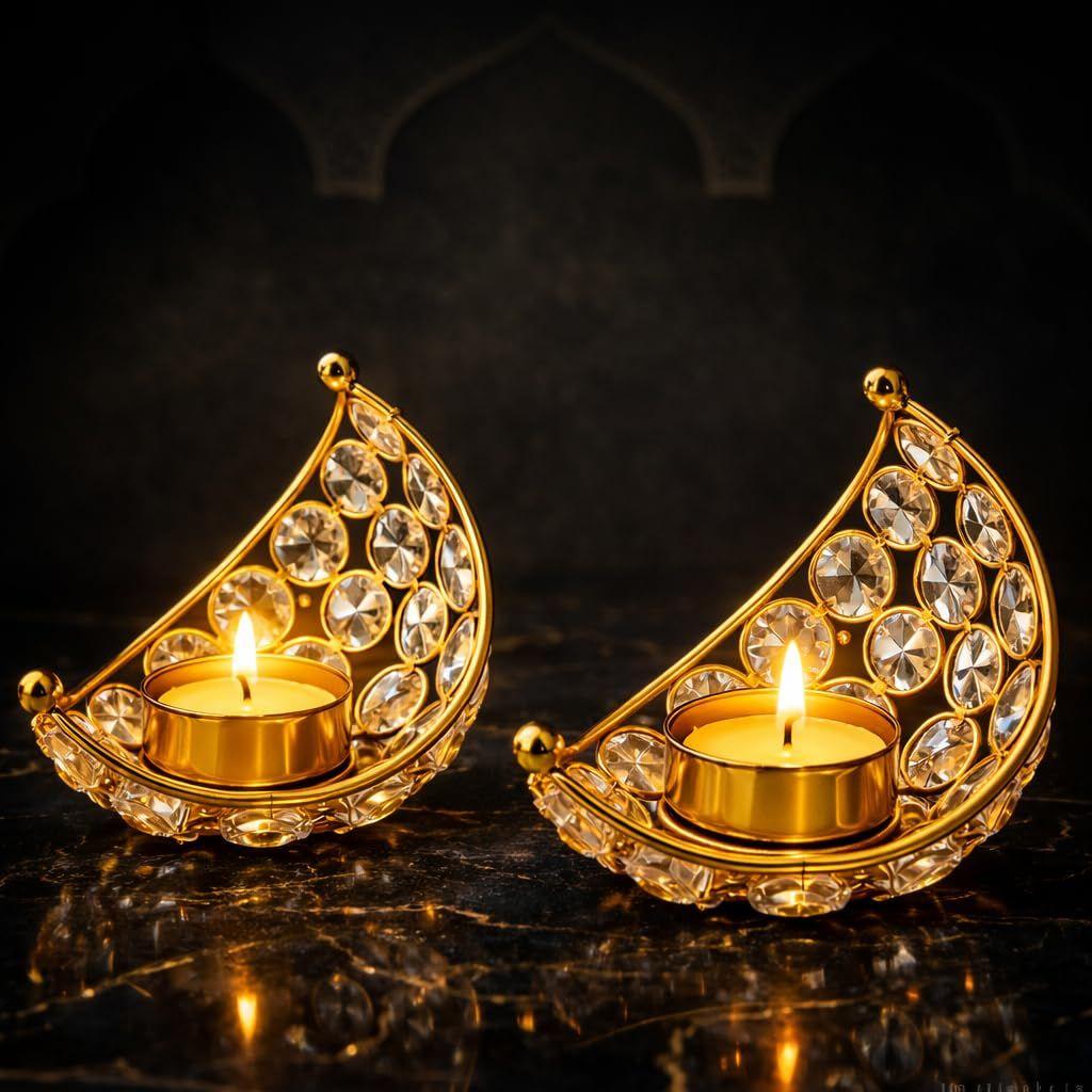 Candle Holder, Crystal Candle Holder, Metal Lanterns, Table Decoration for Wedding Party, Ramadan, Diwali Decoration (Pack of2))