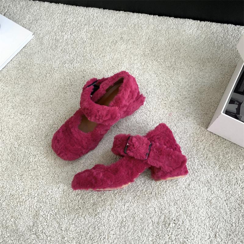 Fashion Mary Jane High Heels Women 2024 Autumn/Winter New Versatile One Line Square Headed Thick Heels Shallow Mouth Plush Single Shoes