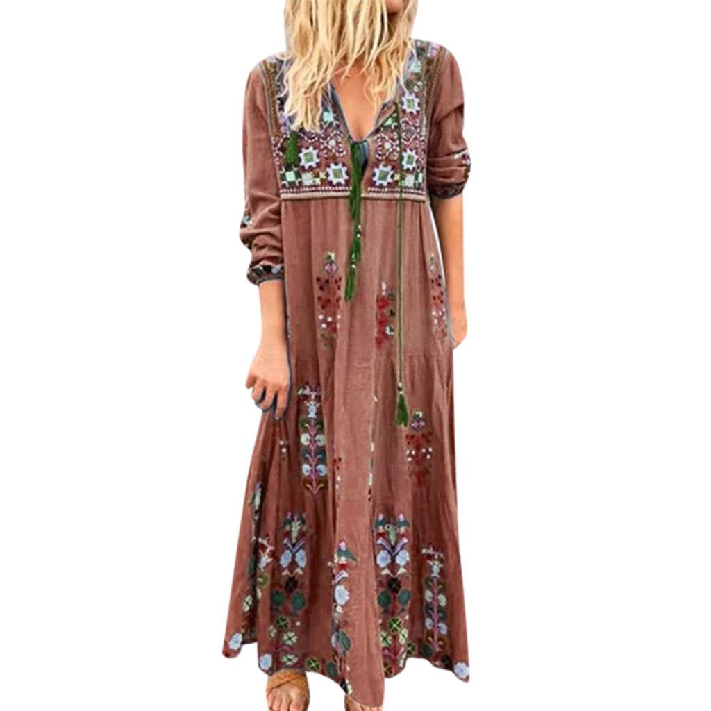 Women Plus Size V Neck Print  Long Sleeve Boho Dress Party Maxi Dress