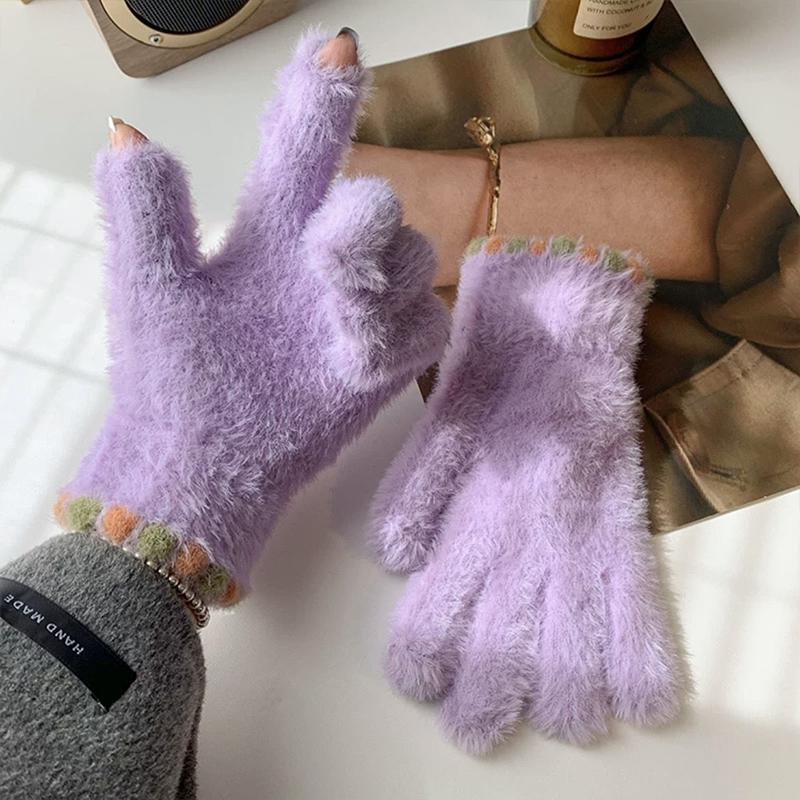 Женские зимние мягкие эластичные перчатки для сенсорных экранов, теплые вязаные перчатки с плюшевой подкладкой