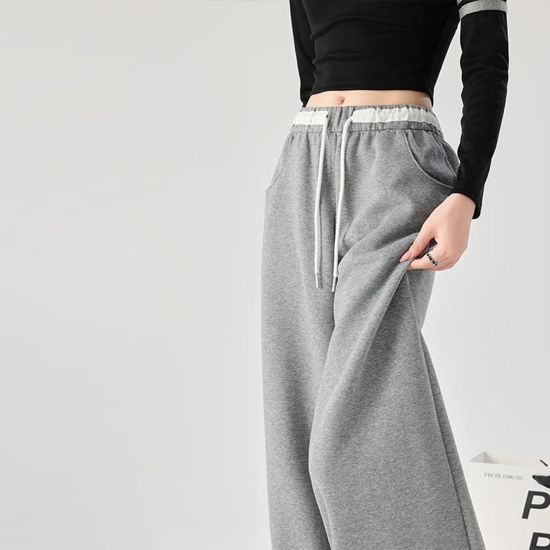 Женские широкие брюки с цветными блоками на весну, свободные брюки с высокой талией и шнуровкой, повседневные прямые спортивные брюки