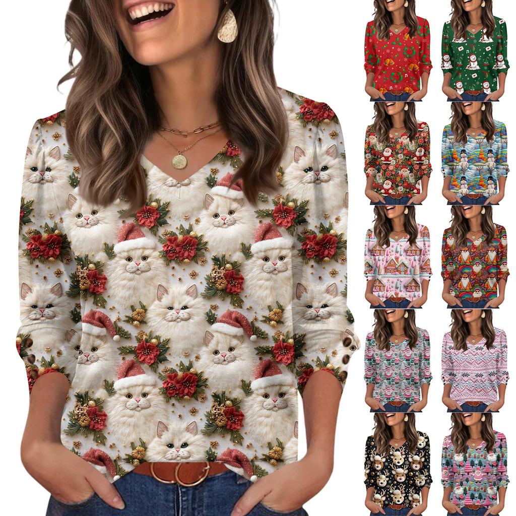 Women's Fashionable Casual Christmas Printed V-neck Top