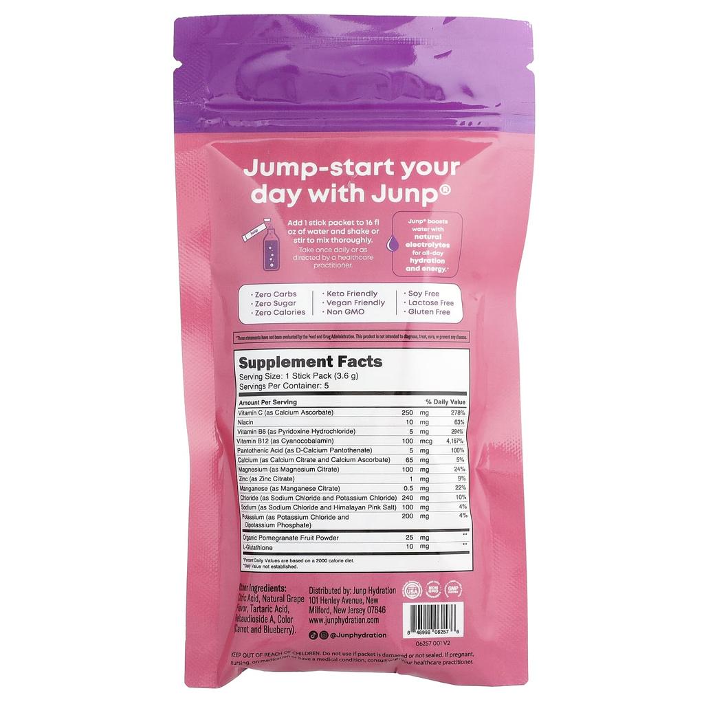 JUNP Hydration Electrolyte Powder Mix, Grape, 5 Stick Packs, 3.6g (0.13oz) Each