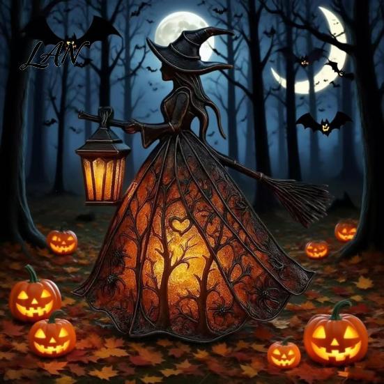Halloween Witch Light Lamp Decoration, Gothic Holding Lantern Light, Tabletop Spooky Night for Holiday Party Decor
