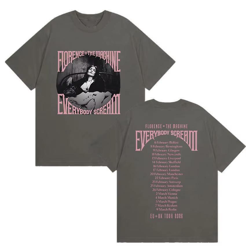 Рок Florence The Machine Everybody Scream Тур 2026 Графическая Футболка Унисекс Женская Винтажная Чистый Хлопок Топ с Коротким Рукавом Уличная Одежда