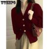 Красный свитер-пальто для женщин осенью и зимой больших размеров во французском стиле ретро с v-образным вырезом и вязаным кардиганом