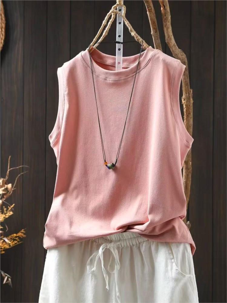 Johnature Женские повседневные топы однотонные летние безрукавки с круглым вырезом мягкие трикотажные топы