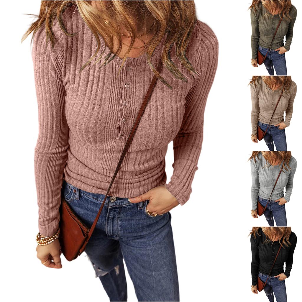 Women's Fashionable Solid Color Long Sleeved Button Casual Base Shirt Pullover T-shirt Top