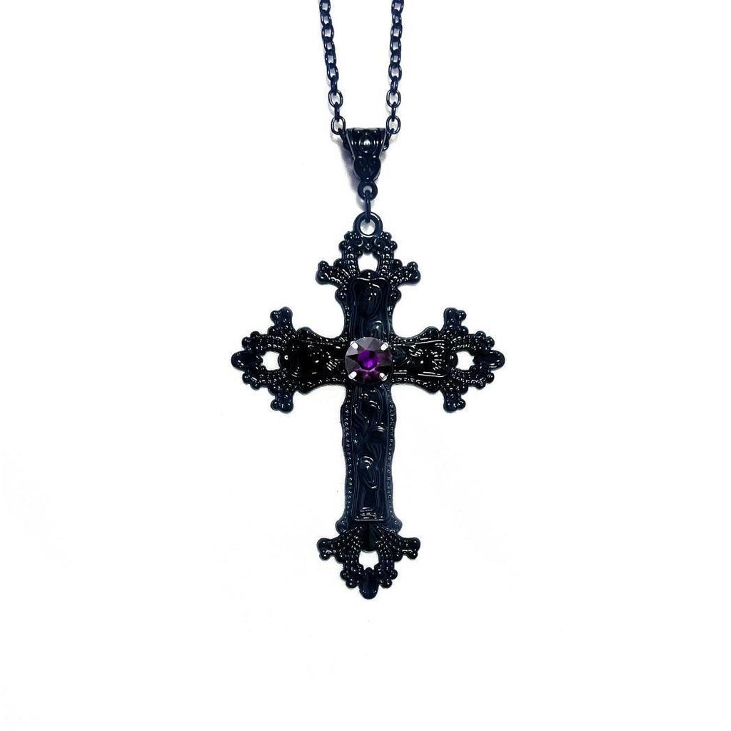 Gothic Y2K Punk Crystal Black Cross Pendant Choker Necklace for Women