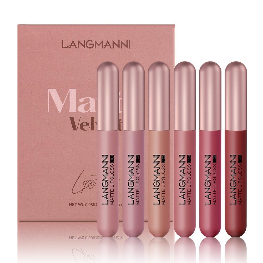 Langmanni Новый набор блесков для губ Matte Velvet Mist, 6 красных костюмов с глазурью для губ