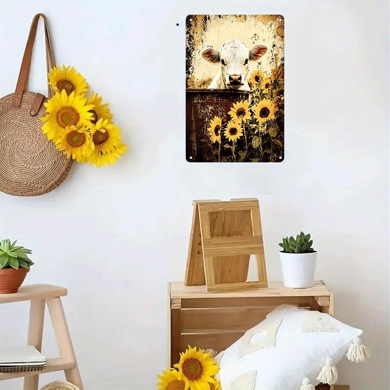 1 piece of cute pastoral-style calf and sunflower tin painting plaque for home living room, bedroom, and entryway wall decoratio