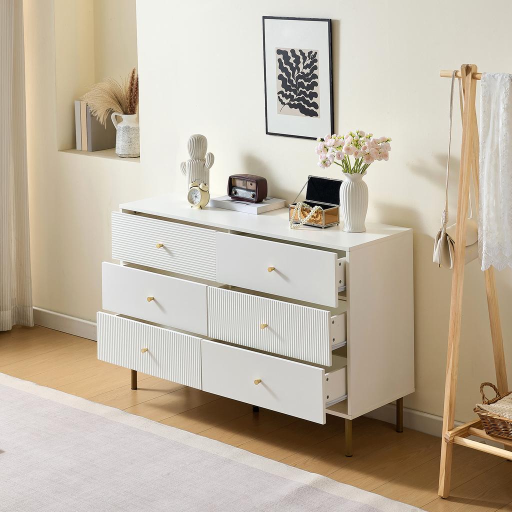Modern 6-Drawer Chest, White Storage Chest with Zinc Alloy Handles & Steel Legs, 120×40×78cm MDF Cabinet for Bedroom, Living Room, Entryway