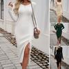 Women's Autumn and Winter Temperament Sexy Package Hip Round Neck Split Dresses