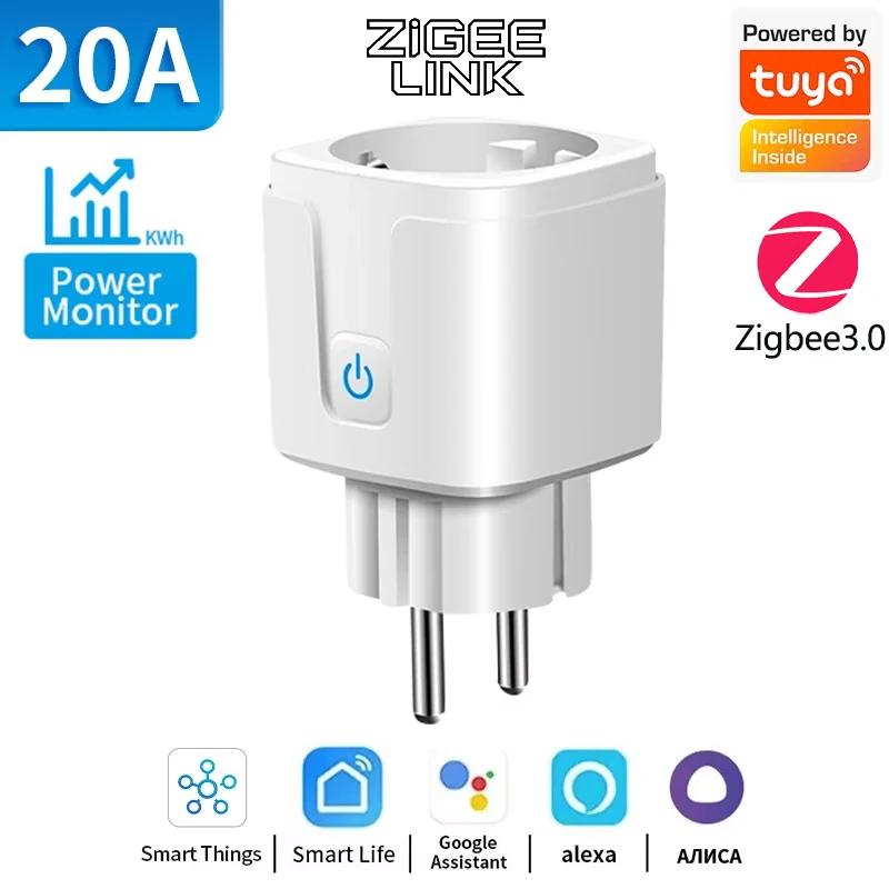 Умная розетка Tuya WiFi или Zigbee EU 16A/20A с таймером, монитором энергопотребления для домашней автоматизации, управление голосом Alexa Google