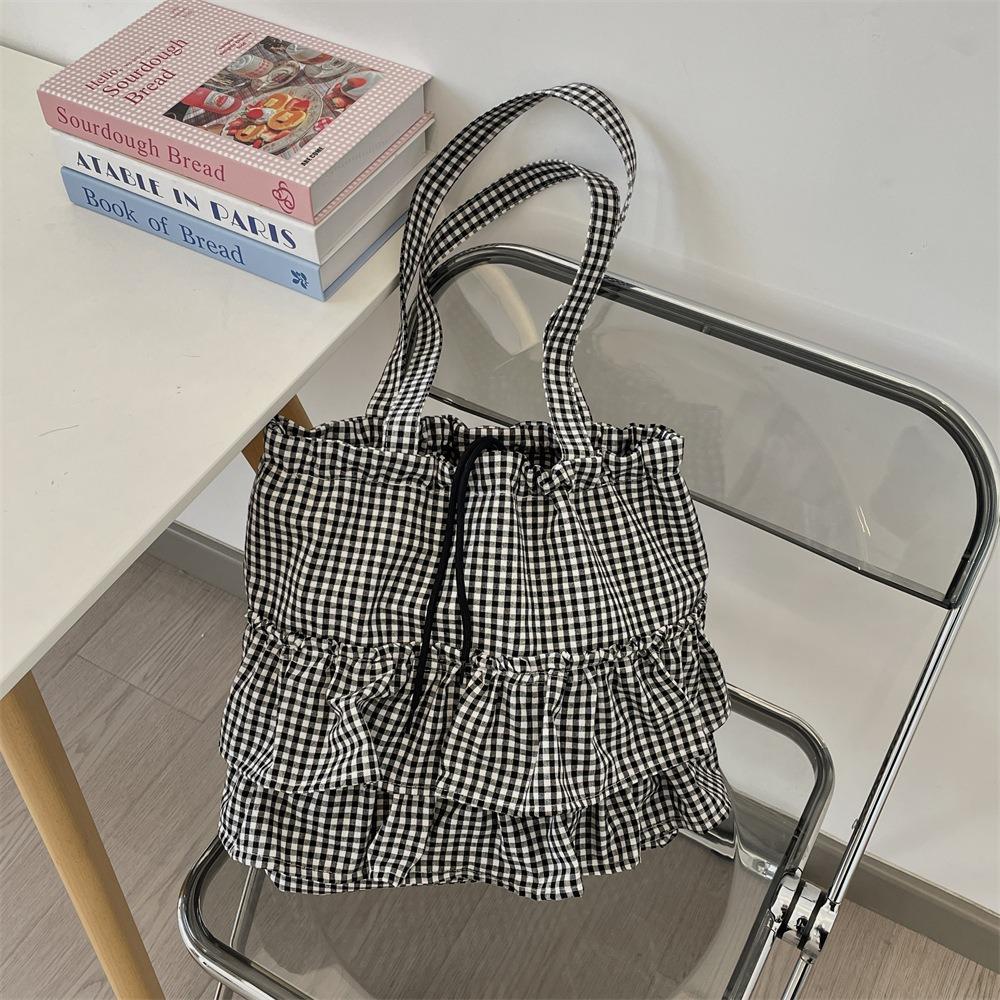 Sweet Canvas Plaid Bag College Style Cute Ruched Handbag Casual Ruffle Shoulder Bag  Travel