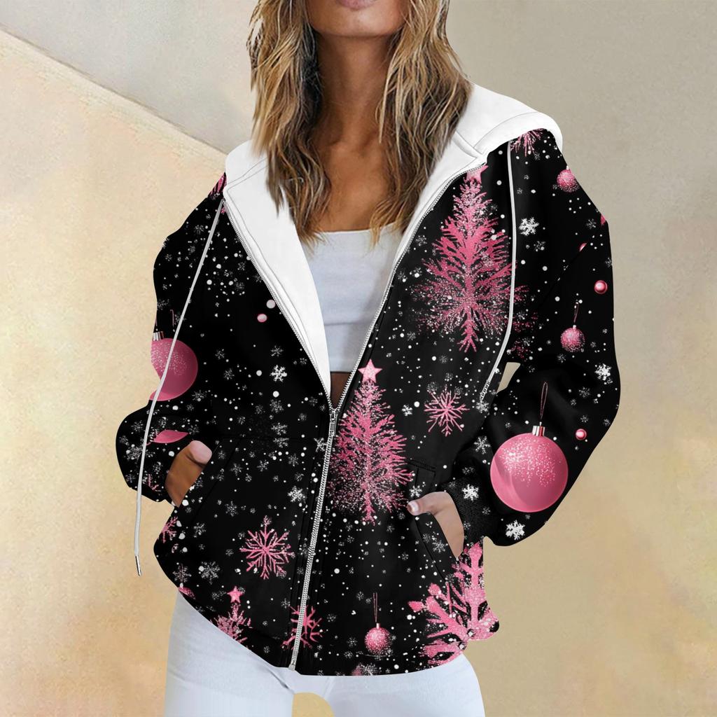 Женская повседневная рождественская печатная толстовка на осень и зиму с длинными рукавами и карманом на молнии с капюшоном