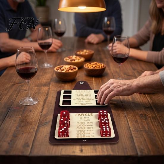 Dice Tabletop Game Farkle Board Game, with Faux Leather Case, 6 Dices, Wooden Travel Scoreboard, Portable for Family Party Night Kit
