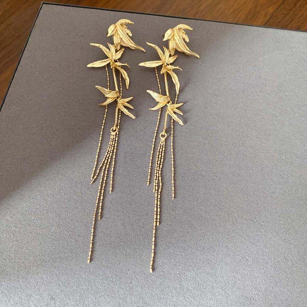 Chinese Ancient Style Long Tassel Dangle Earrings Zinc Zinc Alloy Ear Jewelry Bamboo Leaf Earrings Women