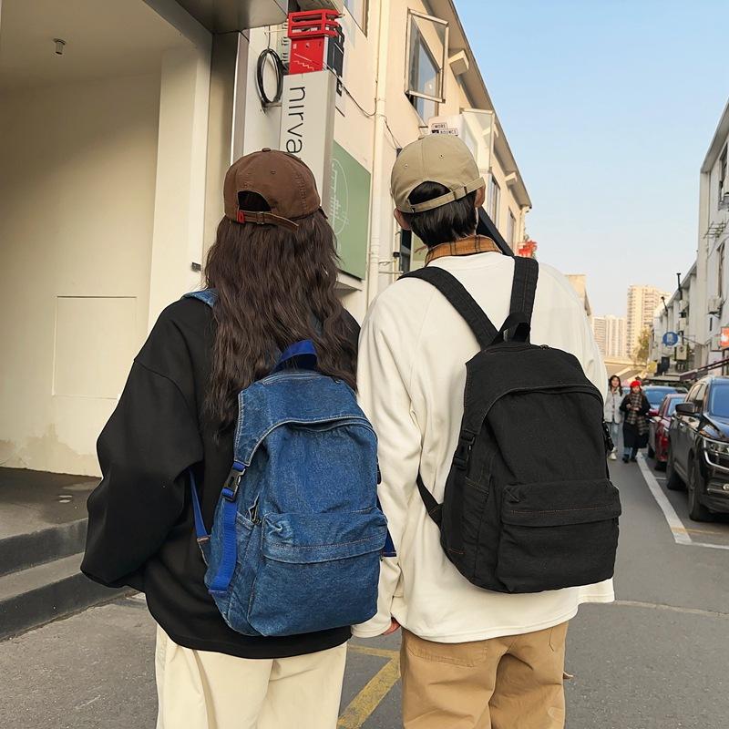 Solid Color Women Denim Backpack College Style Student Backpack Men Travel Bag