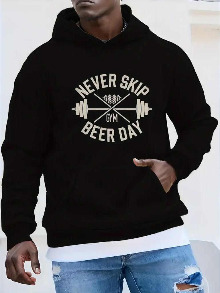 NEVER SKIP BEER DAY Plus Size Hoodie - Black Casual Loose Fit Hooded Sweatshirt with Beer Mug & Weights Graphic