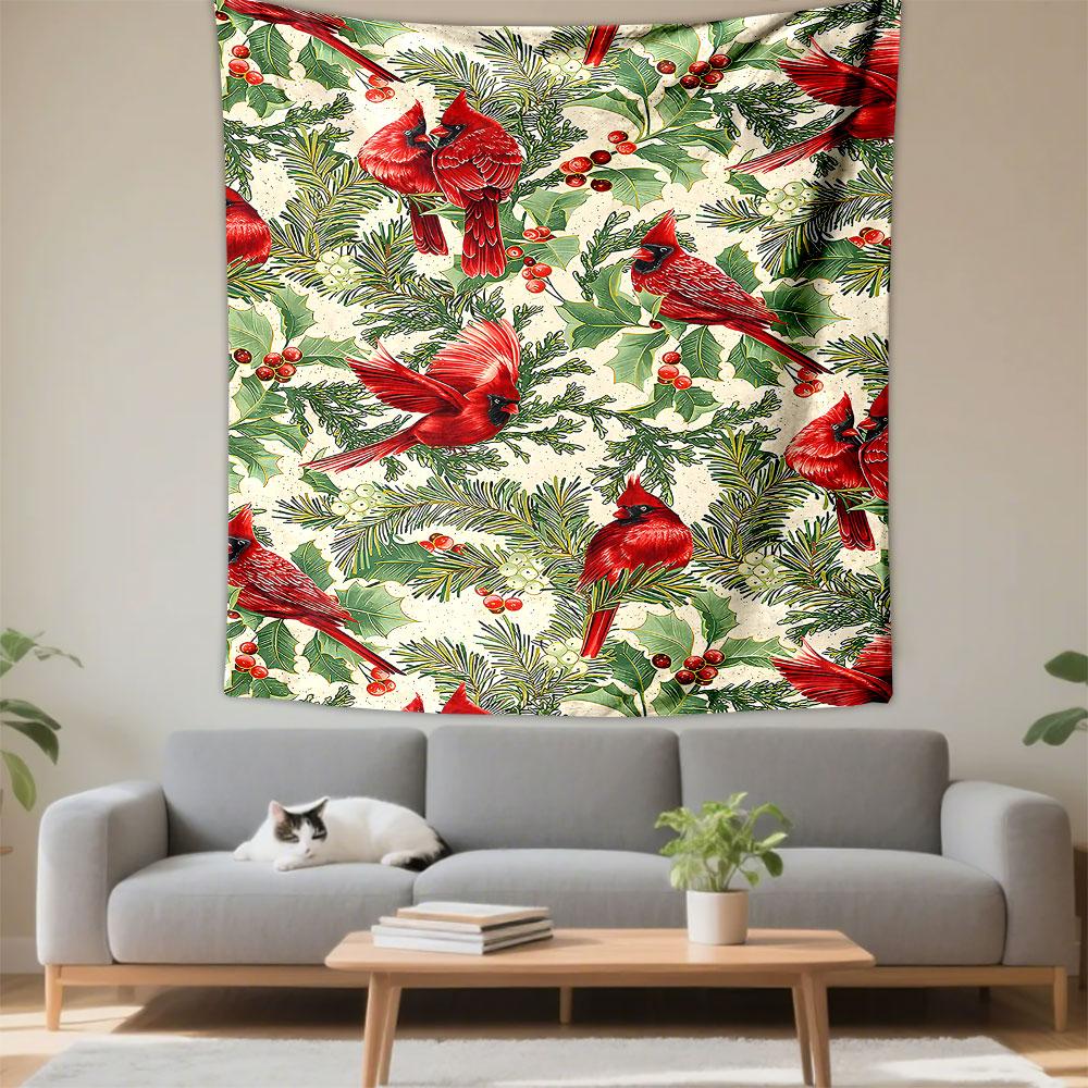 Red Cardinal Birds with Holly Berries and Pine Pattern Wall Tapestry Christmas Winter Nature Decor for Living Room