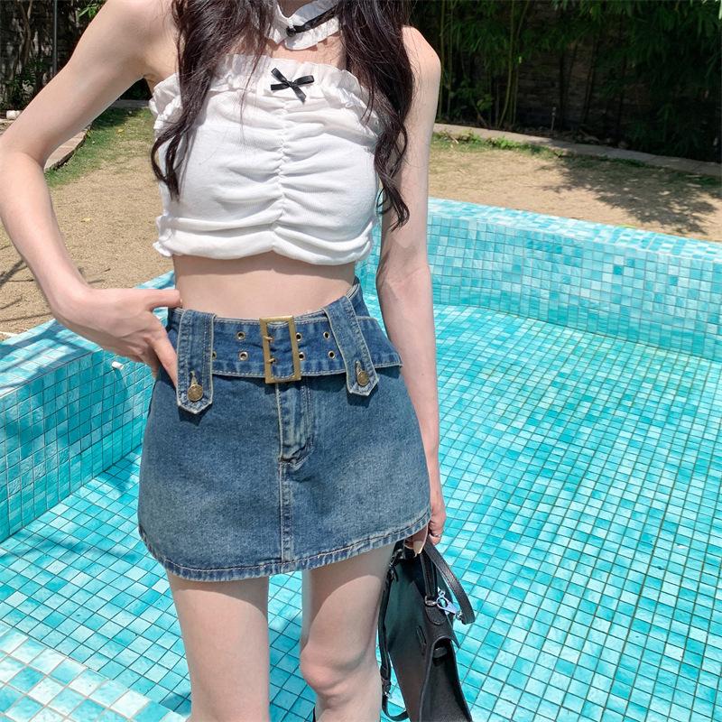 Юбка для стройности и молодости, короткая юбка с высокой талией, универсальный дизайн, А-силуэт, облегающая бедра, винтажная юбка-брюки, женская летняя модная джинсовая короткая юбка
