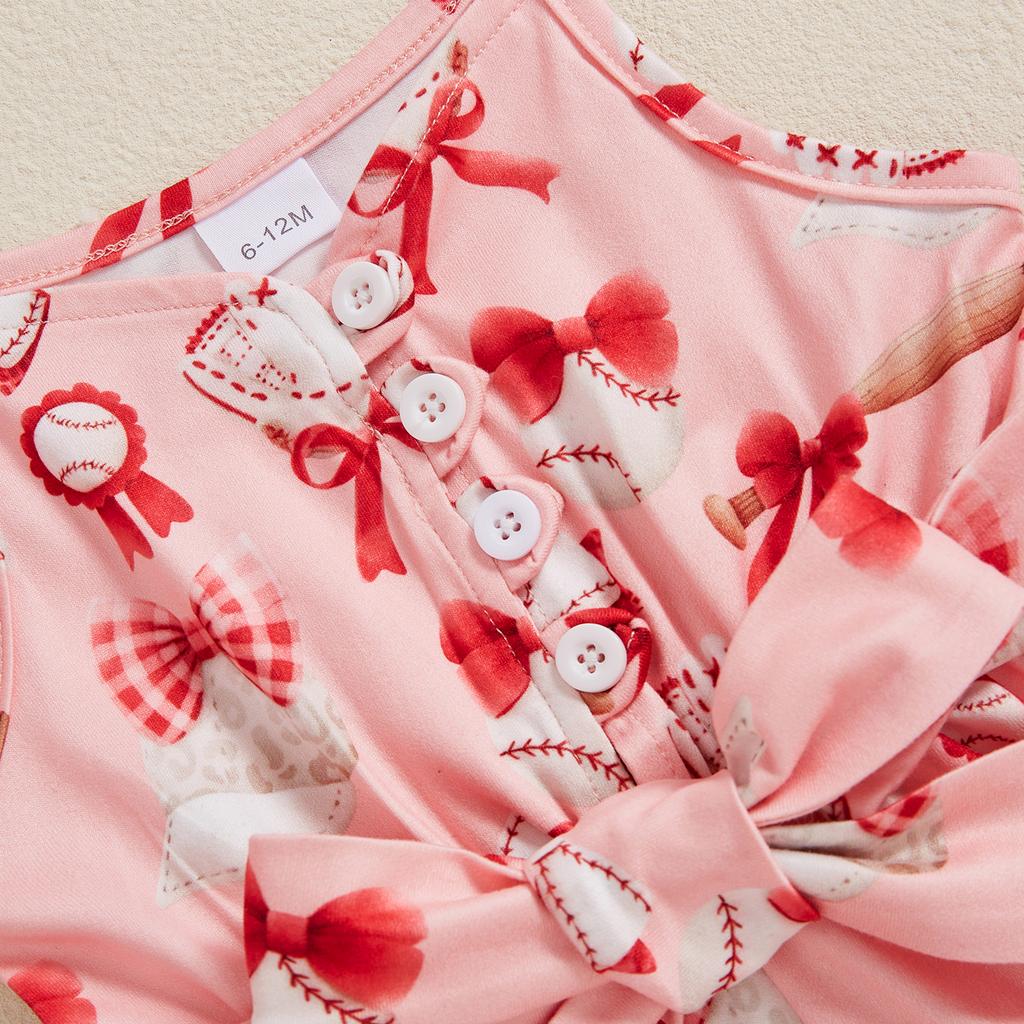 Летний комбинезон для девочек, шорты, бейсбольный принт, без рукавов, на тонких бретельках, с оборками, с поясом