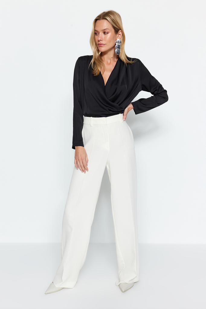 Женская модная новая блузка, черная двубортная атласная тканая блузка