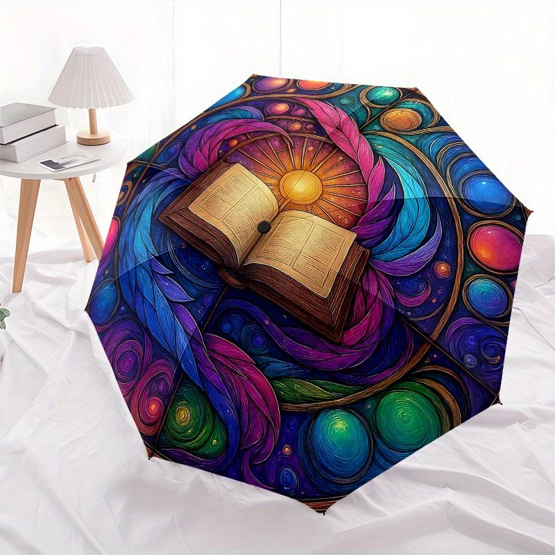 Colorful Mandala Art: Open Book with Feathers and SwirlsUmbrella, Portable 3-Fold Compact Umbrella for Men & Women Gift