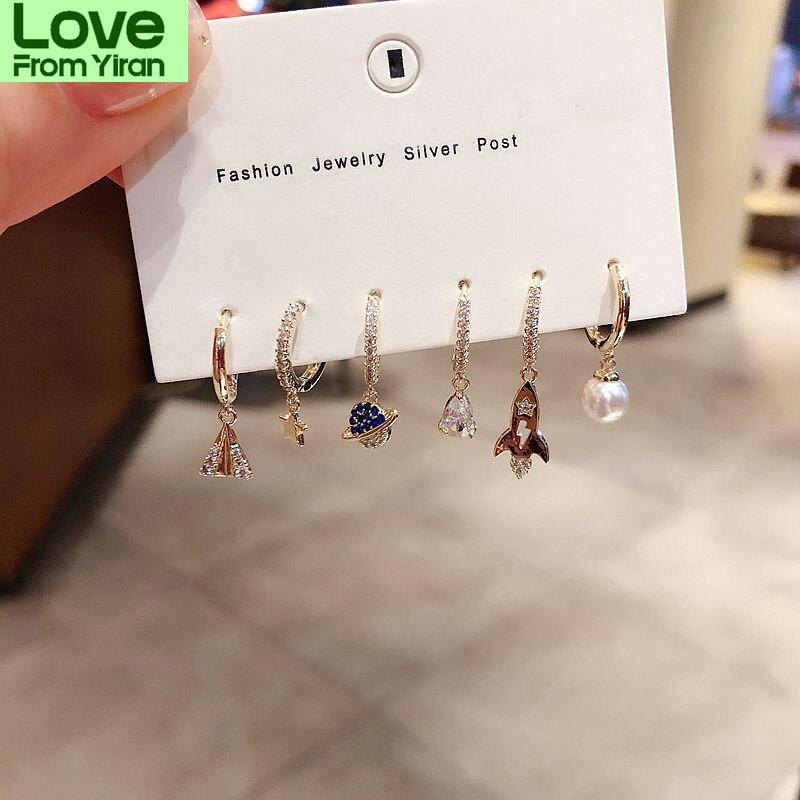 Модные серьги-кольца со звездами в виде самолетов и вселенной, комплект из 6 серег с микрокубическим цирконием для женщин, ювелирные изделия S-E1116