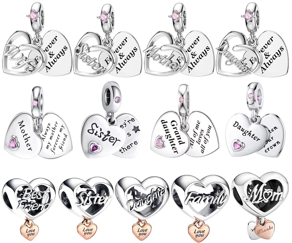 Медный Мать Сестры Дочь Друг Розовое Сердце Формы Шарм Подвеска Подходит Для Оригинального Браслета-Подвески Diy Женские Украшения