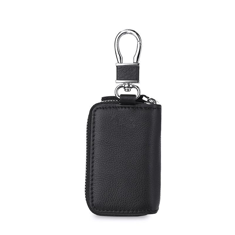Genuine Leather Double Zipper Car Key Bag with Waist Hanging Key Chain for Men