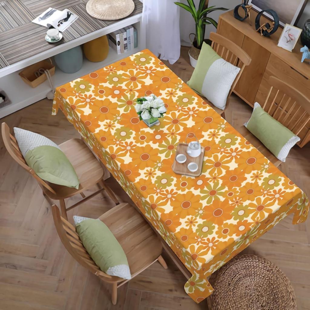 Retro Floral Tablecloth Orange Sunflower Rectangle Waterproof Wrinkle Free Table Cover for Dining Room Kitchen Party