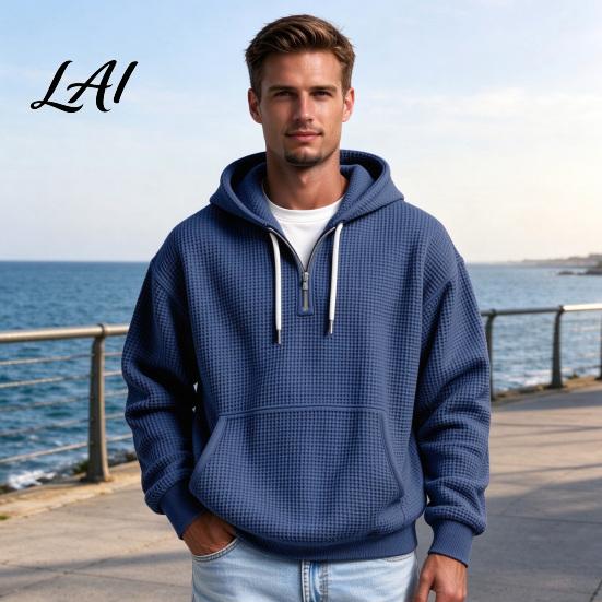Comfortable Breathable Fabric Sweatshirt Men Waffle Texture Sweatshirt Loose Fit Long Sleeve Pullover Tops with Street Style Front Pocket,