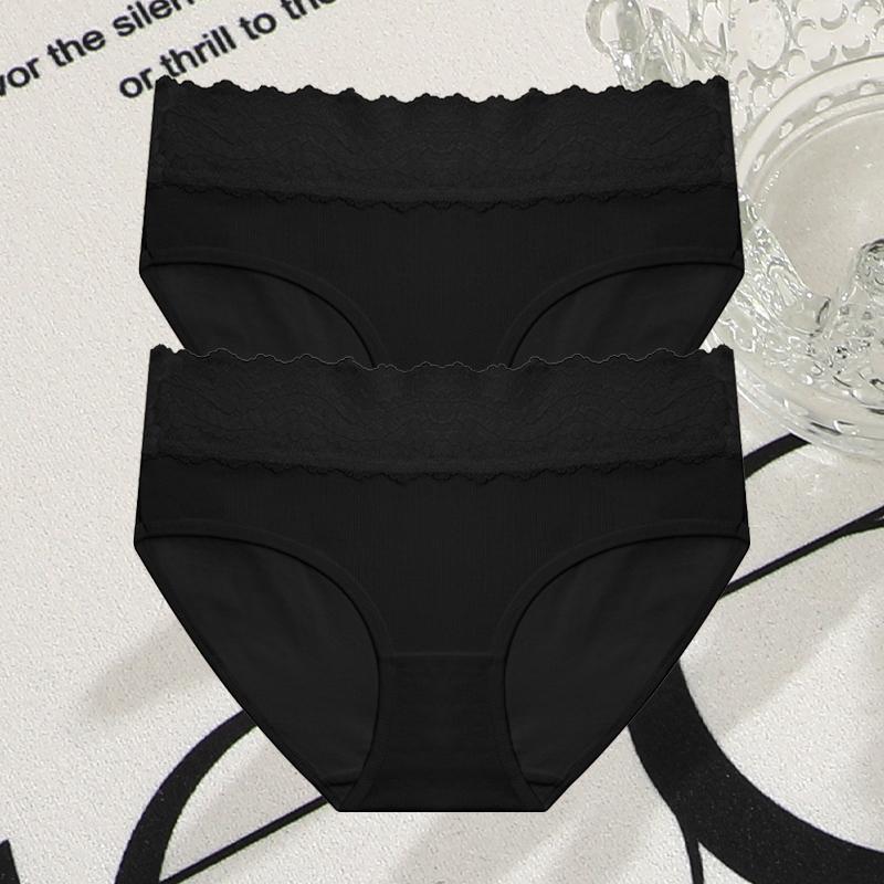 FINETOO 2Pcs Women Cotton Seamless Underwear Sexy Lace Waist Patchwork Panties Female Solid Briefs Plus Size Breathable Lingerie