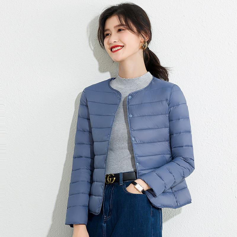 Lightweight Cotton Jacket Female. 2022 Autumn and Winter New Item, Warm Inner Liner, Solid Color, Round V-neck, Coat Base, Short Down Cotton Jacket