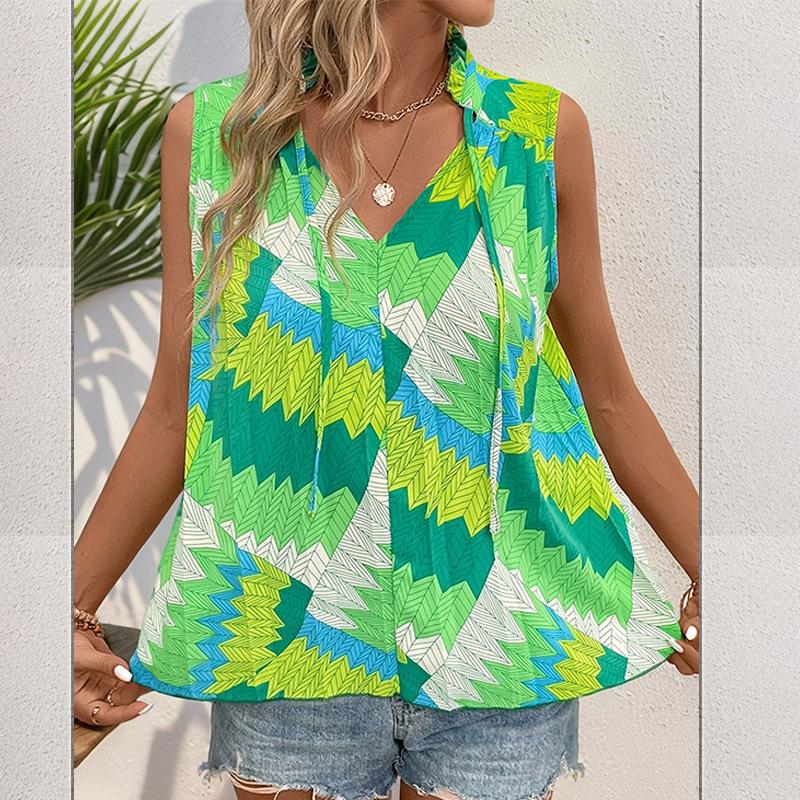 YYFS Women's Fashion Casual Summer Spring Plant Print Sleeveless V-Neck Blouses & Shirts